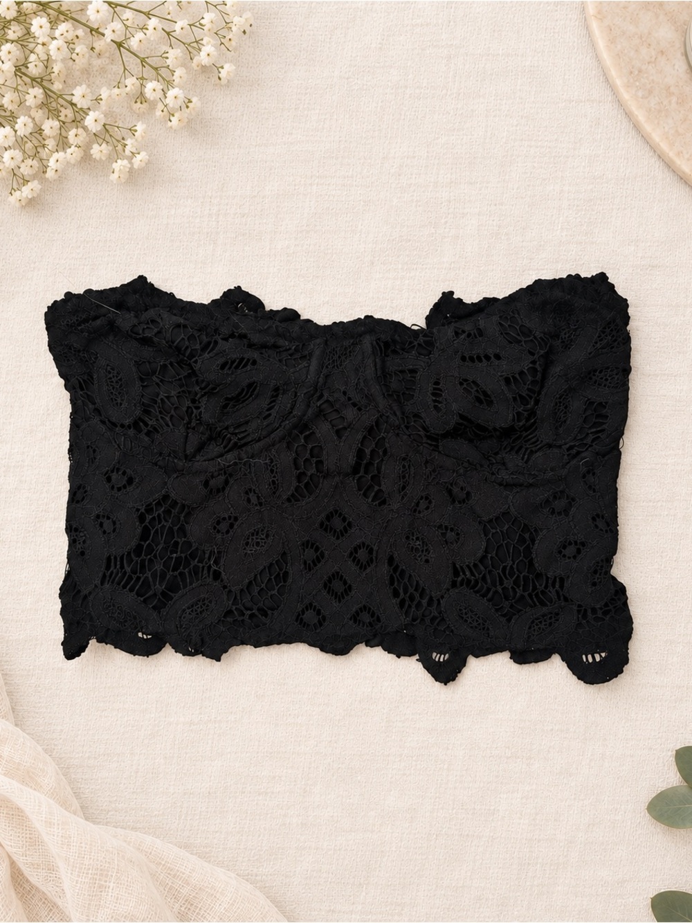 Free People FP One Black Lace Bandeau Strapless Smocked Crop Top Size S